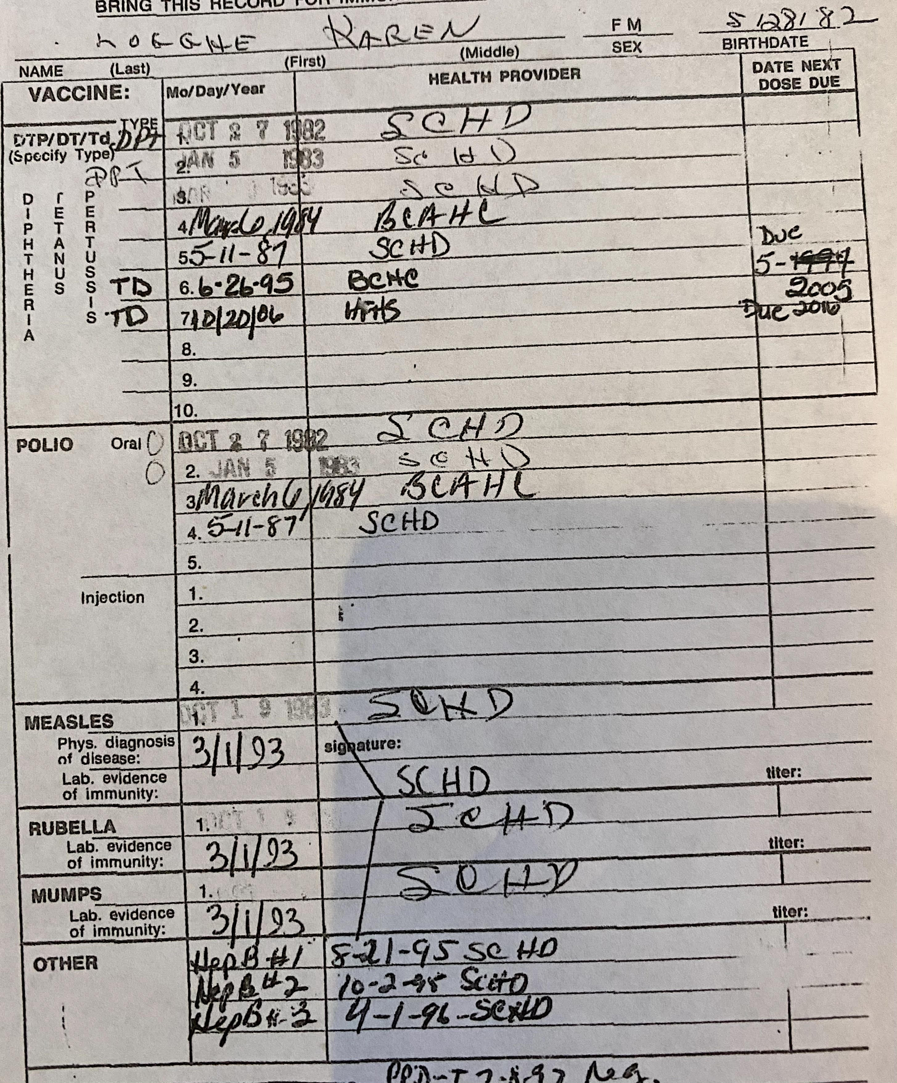 Karen's immunization record