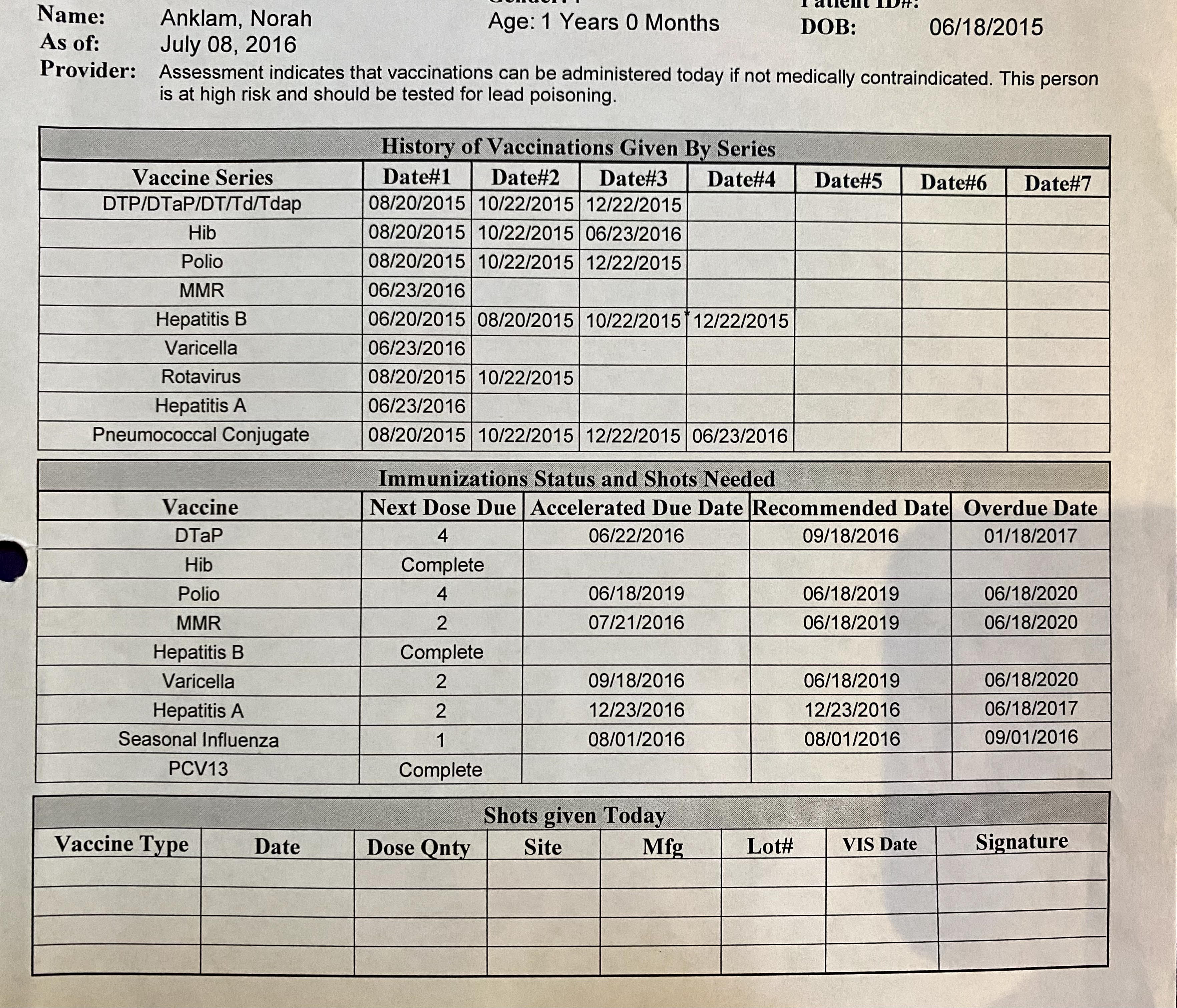 Norah's immunization record